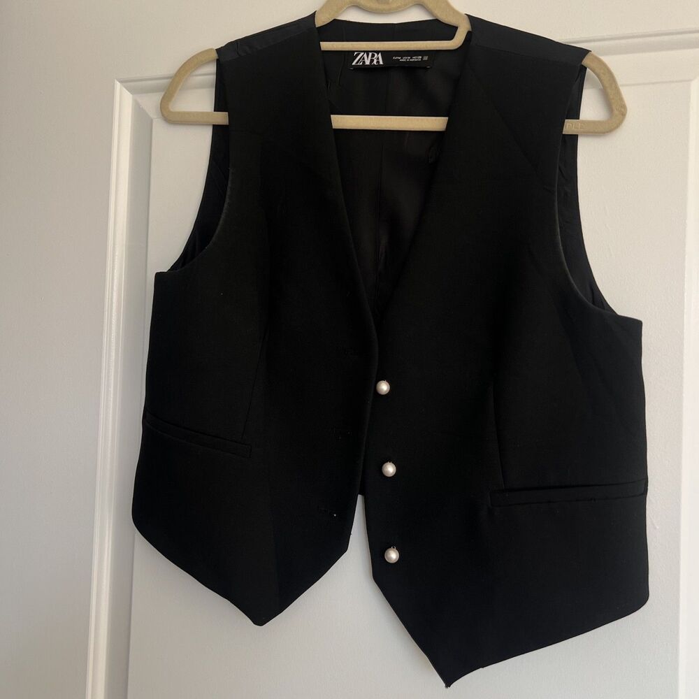 Zara Tailored Black Waistcoat Vest - Faux Pearl Button Suit Vest - Size Medium